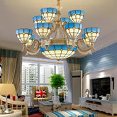 Tiffany Stained Glass Tiered Ceiling Chandelier with 15 Blue Lights - Curved Arm Hanging Light for Living Room